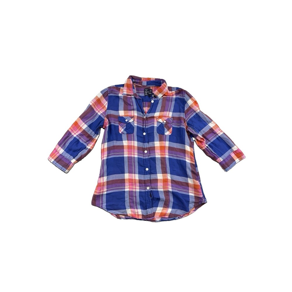 American Eagle Outfitters Plaid Lighweight 3/4 Slv Roll Tab Shirt Sz M Y2K Vibes